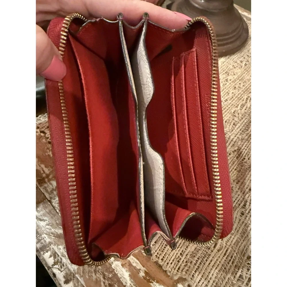 Michael Kors Red Ostrich Leather With Gold Zip Medium‎ Wallet Card Case
